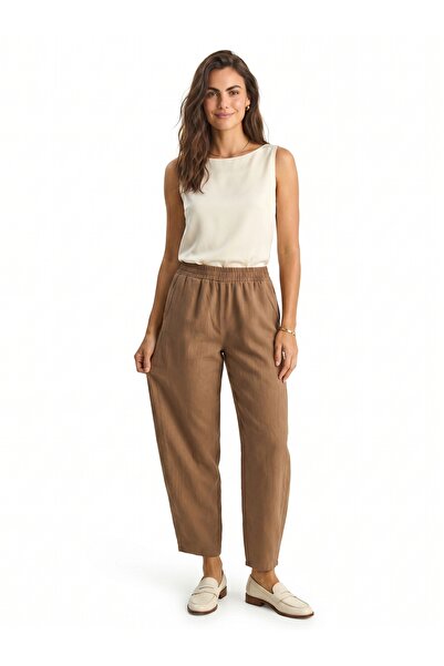 ONLOOX Cappuccino Cotton Linen Look Elastic Waist Lace-Up Carrot Cut Pants wi...