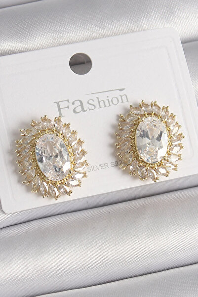 USLUCAN ALIŞVERİŞ Brass Gold Color Zircon Stone Women's Earrings
