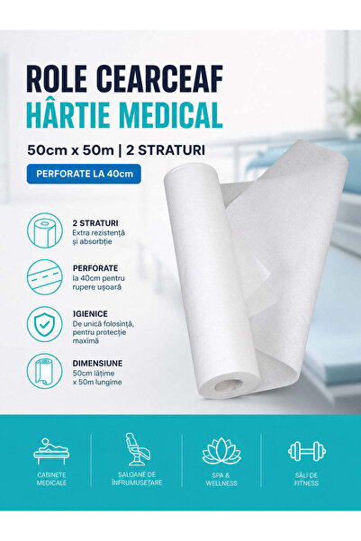 SERIX Role Cearceaf Hartie Medical 50cm x 50m, 2 Straturi, Perforate la 40cm