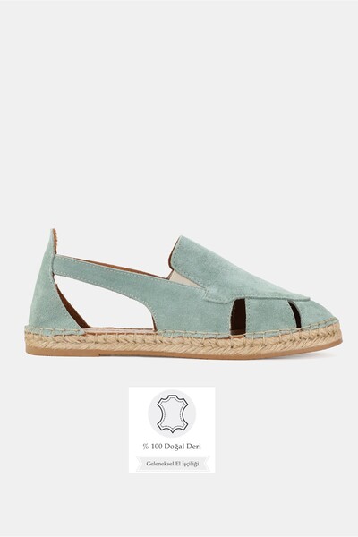TUNAELLİ Women's Water Green Suede Genuine Leather Size 36-41 Flat Sole Side ...
