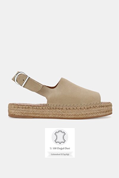 TUNAELLİ Women's Beige Suede Genuine Leather Size 36-41 Open Front Flat Sole ...