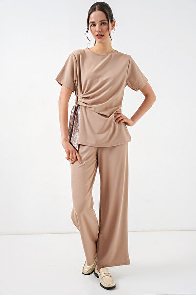 Merterium Women's Side-Tie Double Set - Beige 1400