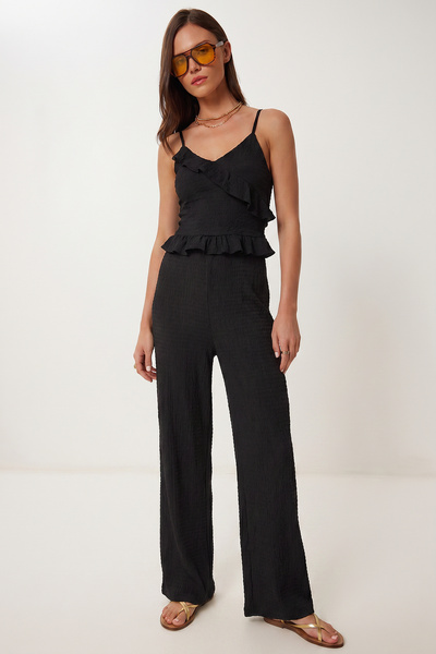 Lovelyİstanbul Flounced Blouse Trousers Crinkle Set Lfw0025 Black