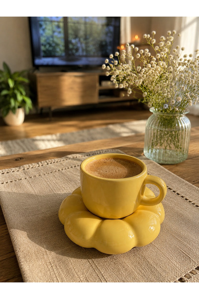 REAY HOME طقم فناجين قهوة تركية مصنوعة يدويًا من السيراميك الأصفر على شكل ديز...
