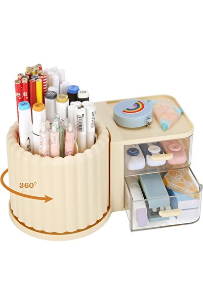Arabest 360° Rotating Makeup Brush Holder,Desk Organizer,7 Slots,2 Drawers,Re...