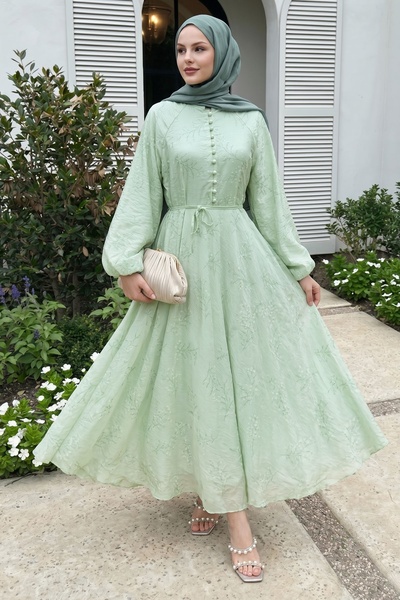 InStyle Button Detailed Floral Aqua Green Dress