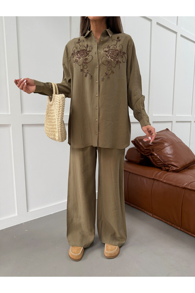 MİA NOURA Women's Shirt with Bead Embroidery on Front, Vorsize Pants, Size Suit