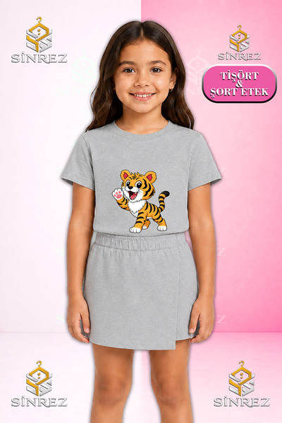 SİNREZ Girl's Set Tiger Single Paw in the Air Printed Short Sleeve T-Shirt Sh...