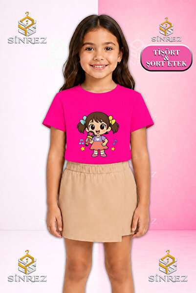 SİNREZ Girl's Set: Printed Short Sleeve T-Shirt with Microphone, Shorts, Skirt