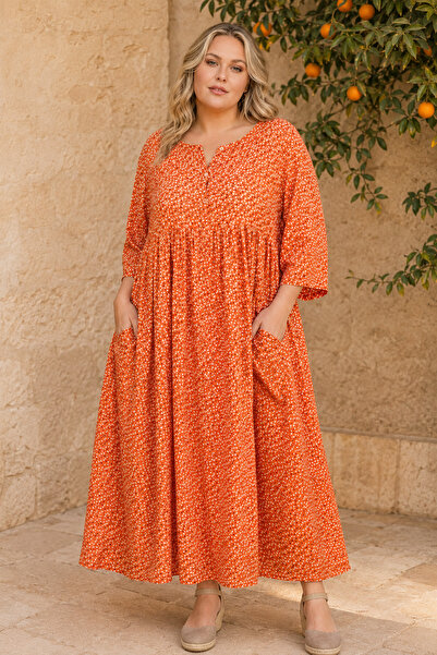 Park Moda Women's Plus Size Orange Viscose Dress Summer Long Buttoned Pockete...