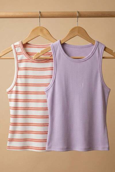 COTENCONCEPT 2 Pieces of Ribbed Fitted Viscose Blended Strappy T-Shirt