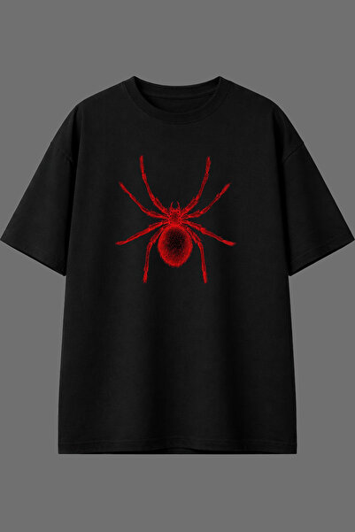 VSRN Tricou oversize negru cu imprimeu frontal Red Parıldar Spider Design