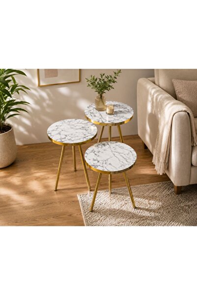 SAMPAŞ Luna Gold Beyaz Mermer 3’lü Zigon Sehpa