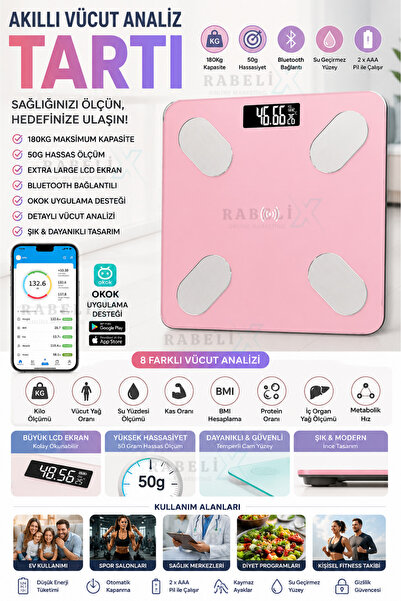Rabelix Online Marketing Akıllı Digital Bluetooth Baskül 180 Kg Vücut Analizl...