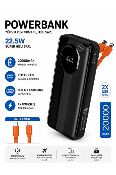 TUROVE 20000mAh 22.5W Süper Hızlı Şarj Powerbank – Dahili USB-C & Lightning K...