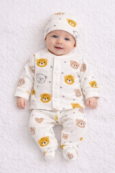 Pure Boutique Set bebe bumbac 3 piese crem cu ursuleti bluza pantaloni si cac...