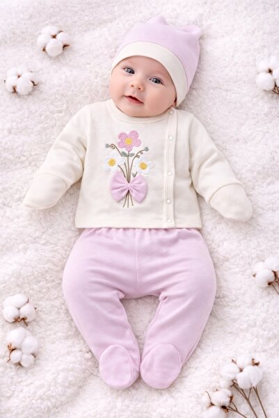 Pure Boutique Compleu bebe fete 3 piese roz cu floricele si caciulita