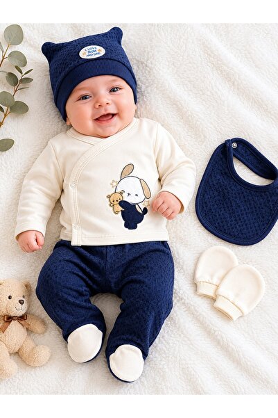 Pure Boutique Baby boy set 5 pieces navy blue with puppy, bib and hat