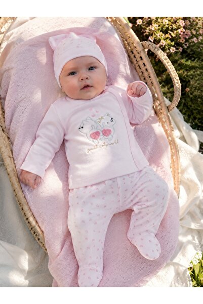 Pure Boutique Set bebe fetita 3 piese roz din bumbac cu bluza pantalon si cac...