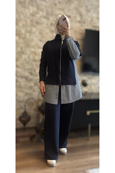 MİMİ Luxury Wear Set dublu pentru femei, negru, cu dungi, cu fermoar, cu garn...