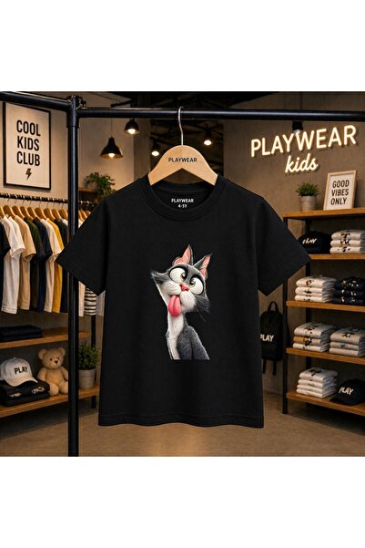 playwear Μπλουζάκι με στάμπα γάτας που εκτείνει τη γλώσσα της, 100% παιδικό u...