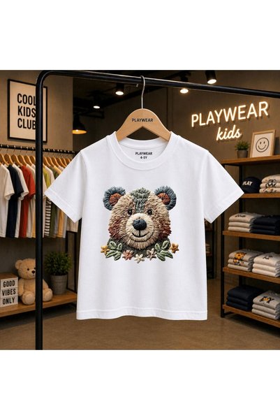 playwear Плетена тениска с мече и сладък принт, 100% детска унисекс тениска з...