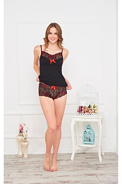 FIRST STYLE Turkish Nightgown Soft Shorts Set Black and Red
