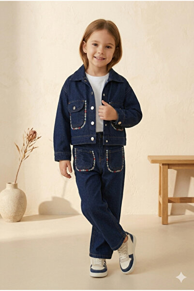 moda rüyası Girl's Embroidery Detailed Denim Jacket, Trousers, T-Shirt 3-Piec...