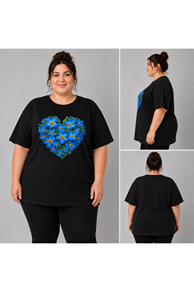 VODEXA Women's Oversize T-Shirt Blue Hearts Printed 100% Cotton Plus Size T-S...