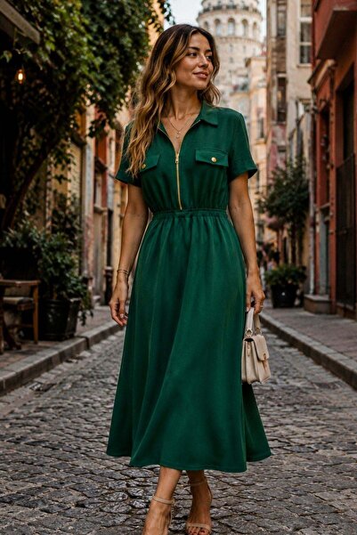 Mossta Comfortable Cut Midi Dress with Ornamental Pocket Detail - Green