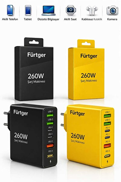 Fürtger 2 Li Set German 260W 3 Type-C + 3 Usb-A Toplam 6 Çıkışlı Süper Hızlı ...