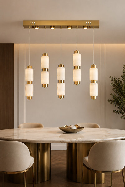 Taşcan Aydınlatma Sevilla 5 li Kutulu Premium Mermer Camlı Gold Sarkıt Led Av...