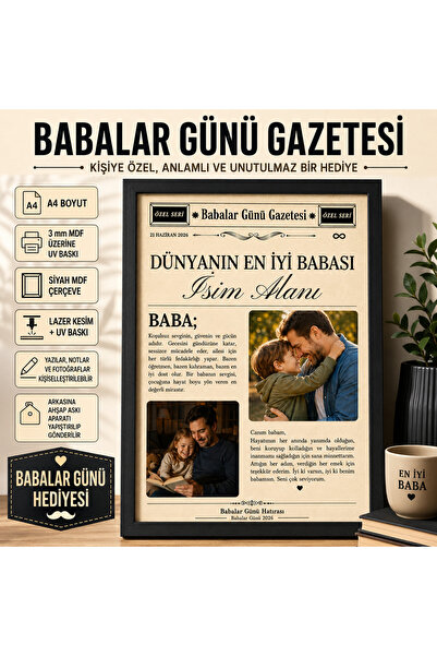 Kutup Yıldızı Tasarım Atölyesi Kişiye Özel Babalar Günü Gazetesi A4 MDF Çerçe...