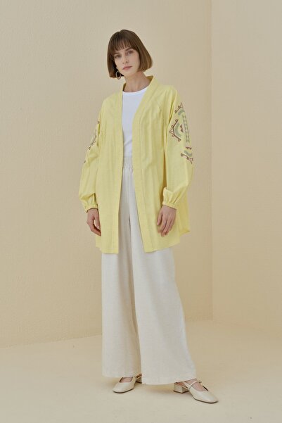 Nihan Nakış Detaylı Keten Kimono - Sarı