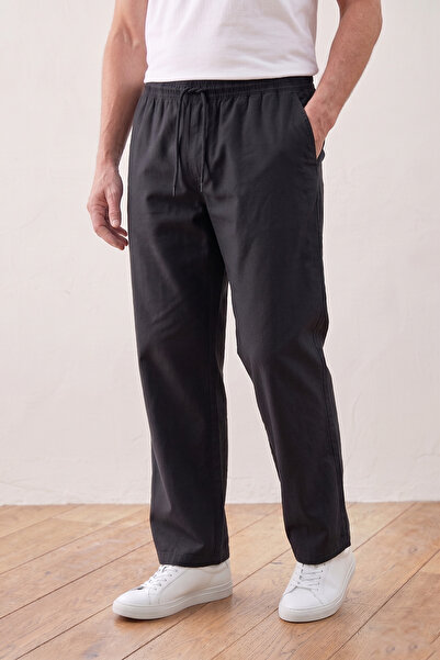 nacar çarşı Men's Dad Comfortable Fit Black Linen Raw Fabric Trousers
