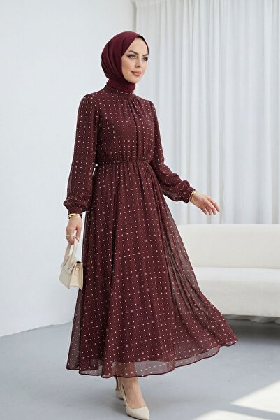 Modamorfo Lined, Elastic Waist, Polka Dot Patterned Long Chiffon Dress - Burg...