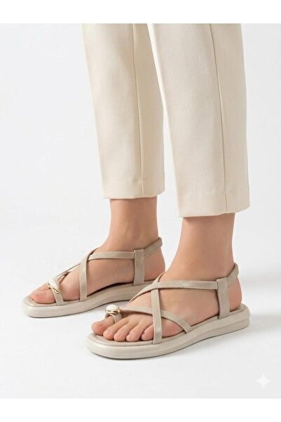 Lütfi Women's Beige Gold Ring Detailed Soft Sole Casual Flip-Flop Sandals