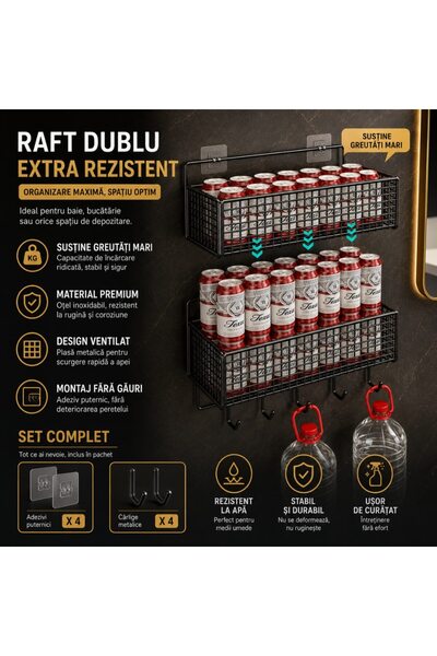 topaqua Raft de duș, Baie, Bucătărie, Set de 2 AquaNest 26, Suport pentru săpun și prosoape, Tip raft, Negru