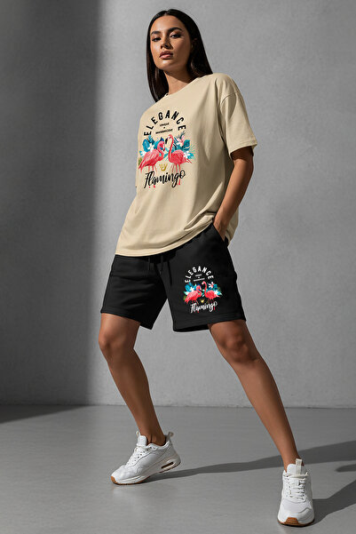 MODEX STYLE Women's Oversize Flamingo Printed 100% Cotton T-Shirt Shorts Set ...