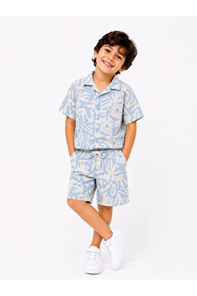kr kids Boy's Linen Shirt and Shorts Set Blue Patterned Summer 2-Piece Set