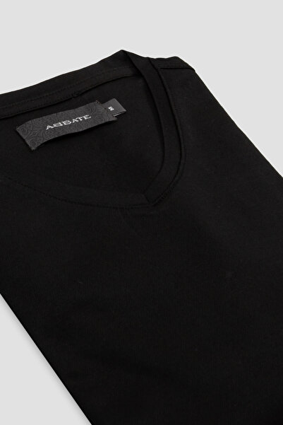 Abbate Vita Merserize Pamuklu Modern Fit Siyah V Yaka Erkek Düz T-Shirt