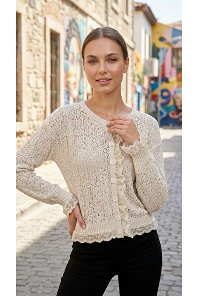 RECEP AYDIN Women's Lace Detailed Seasonal Knitted Cardigan
