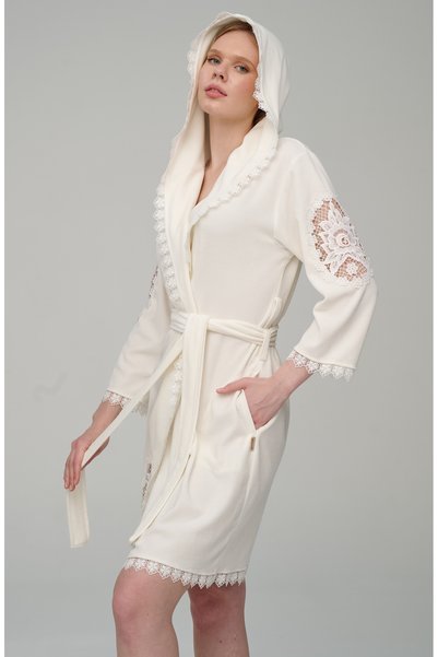 Nuşa Women's Short Hooded Lace Trim Niki Velvet Bamboo Cotton Dressing Gown