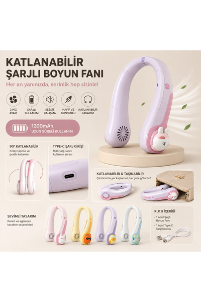 1DepoBu Katlanabilir Şarjlı Boyun Fanı Çocuk Mini Boyun Vantilatörü USB Type-...