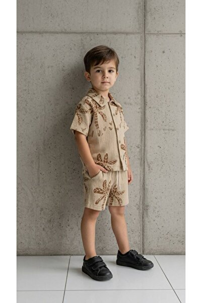 Generic Boy's Palm Tree Patterned Muslin Shirt Shorts 2-Piece Set