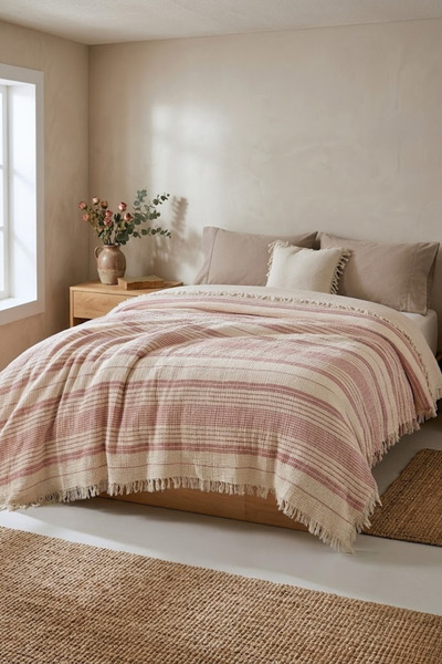 Valmia Home Double 4-Layer Muslin Bedspread 220X230 cm Buldan Handmade Stripe...