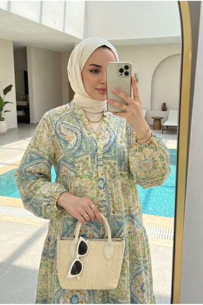 Kirazca Butik Women's Floral Patterned Layered Hijab Dress (Unlined)