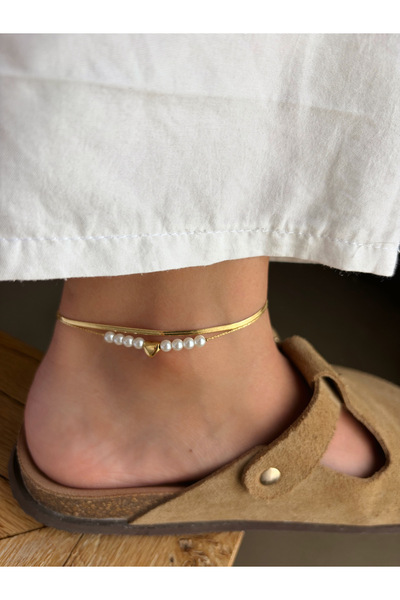 ToffyStore 2-Piece Pearl Heart Anklet