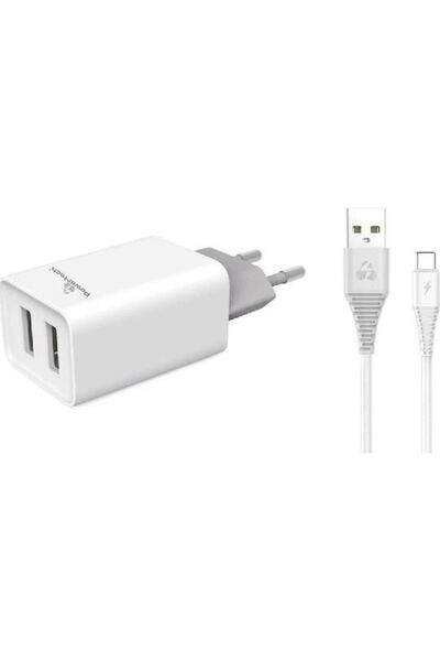 POWERTECH Φορτιστής με 2 θύρες USB-A και καλώδιο USB-C Λευκό (PT-776)