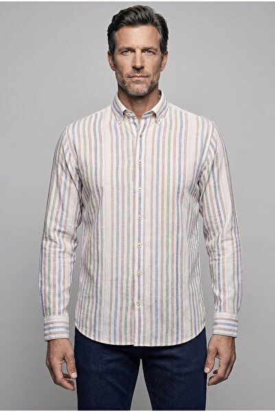 Bisse Brown Regular Fit Linen Pocketless Long Pasha Collar Shirt